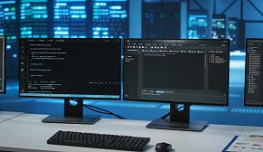 To tændte computerskærme placeret på et skrivebord med et tastatur og en mus. To tændte computerskærme placeret på et skrivebord med et tastatur og en mus.