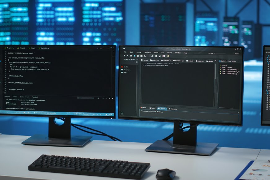 To tændte computerskærme placeret på et skrivebord med et tastatur og en mus.